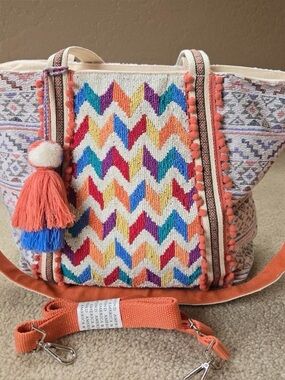 NWOT America & Beyond Beaded Embellished Embroidered Chevron Tote Bag